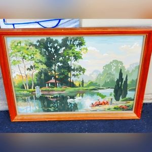 Vintage Framed Paint by Number PBN 24 ^ *18^ prime Swans In Pond